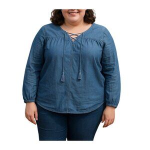 Faded Glory Womens Denim Blue Boho Style Lace-Up Long Sleeve Top Size XXL (20)